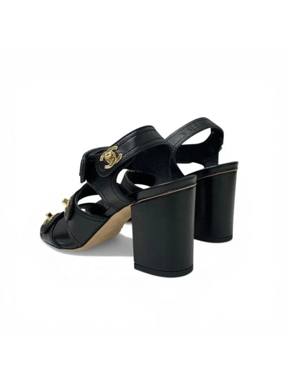 Chanel Sandals Shoes Leather Black Gold CC Logo Turnlock Velcro Strap - Picture 4 of 10